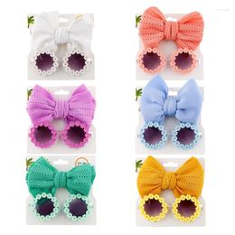 Hair Accessories F62D Baby Flower Shaped Sunglasses Colorful Sunnies Glasses And Bows Headbands Set