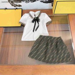 New girls dress sets summer Short sleeve kids tracksuits Size 110-160 Lace bow tie T-shirts and Letter printed skirts 24Feb20