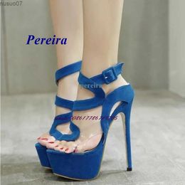 Sandals Pereira Peep Toe Platform Sandals Stiletto Heel Buckle Strap High Heel Sandals Blue Summer Shoes for Plus Size Women NewbornL2402