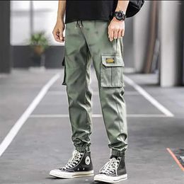 Men's Pants Casual Jogging Classic Multi-Pocket Cargo Solid Colour Binding Feet Drawstring Joggers Trousers Leisure Bottoms