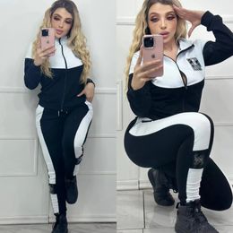 Women's Two Piece Pants Black White Morning Running Tracksuit Casual Jogging Zip Jacket and Designer Sweatpants Suit Set Free Ship