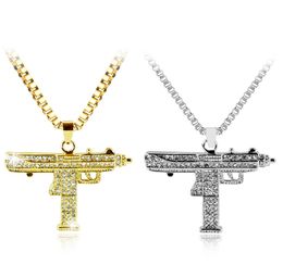 Gold Necklace Uzi Gun Pendant Necklace Men Alloy Full Crystal Bling Submachine Chain Hip Hop Cyclist Accessories Male Jewelry6825248