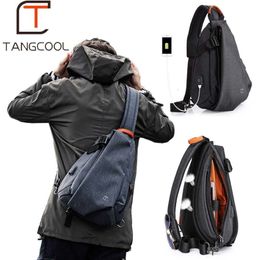 Tangcool Multifunction Fashion Men Crossbody Bags USB Charging Chest Pack Short Trip Messengers Bag Water Repellent Shoulder Bag M256p