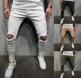 Pants Men Ripped Pants Pencil Denim Long Pants Skinny Black/white,/green/Khaki Casual Streetwear Young Versatile Solid Colour