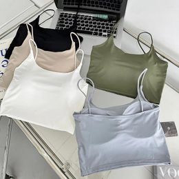 Camisoles & Tanks Summer Solid Colour Ice Silk Camisole All-in-one Fixed Cup Inner Wear Outer U-neck Thin Strap Beautiful Back Tube Top