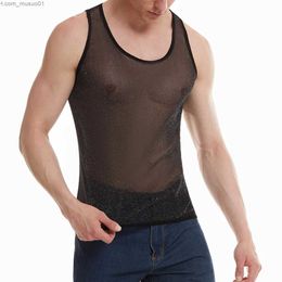 Men's Tank Tops Fashion Man Mesh Transparent Shine Tank Vest For Men T-shirts Fitness Shirt Undershirt Muscle Sleeveless Vest Tanks ClothingL2402