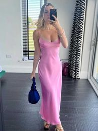 Basic Casual Dresses 2022 Pink Camis Satin Long Dress Elegant Sleeveless Holiday Party Dress Sexy Casual Backless Summer Dress 2023 J240224