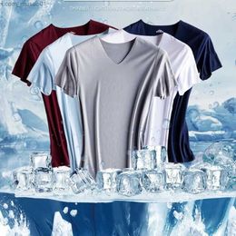 Men's Tank Tops Fashion Summer Seamless Breathable Ice Silk T-Shirt Vest Mens Sports Short Sleeve T-shirt Ice Silk Solid Colour V-neck TeesL2402