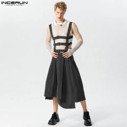 Pants INCERUN 2023 American Style Mens Pleated Design Skirts Pants Casual Street Irregular Hem Solid Straps Half Skirt Jumpsuits S5XL