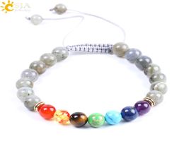 CSJA Spectrolite Labradorite Bracelet for Women Men 7 Chakra Healing Jewelry 8mm Natural Stone Round Beads Charm Bangle Adjustable5221038
