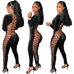 Women's Jumpsuits Rompers Leosd sexy hollow backless black velvet jumpsuit autumn and winter long sleeved bandage womens all-in-one club set J240224