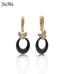 JiaMu new 585 rose gold natural zircon black white ceramic earring golden butterfly zircon drop pendant women earring party gift C2600038