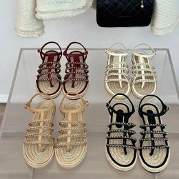 new strap Straw outsole slides sandals Letter logo chain sandals Flat shoes womens Luxury designer sandals Leisure summer women's shoes With box