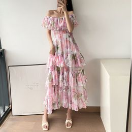 Womens Dress Cotton pink off shoulder floral print dress fringed long dress