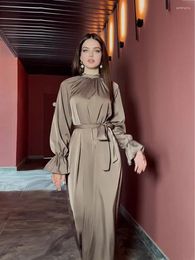 Casual Dresses Simple Brown Satin Women Dress With Sash Full Sleeves Round Neck Solid Elegant Lady Party Vestidos De Fiesta