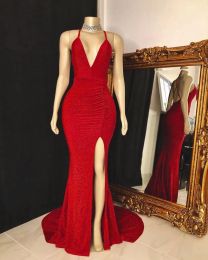 NEW Sexy Red Split Evening Dresses Spahetti Straps V Neck Mermaid Sequins Prom Gowns Pleats Sheath Women Occasion Party Occasion Vestidos