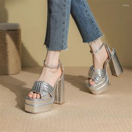 Dress Shoes PXELENA Fashion Sandals Women 2024 Summer Gold Silver Red Plus Size 34-43 Ankle Strap Chunky Block Super High Heels Platform OL