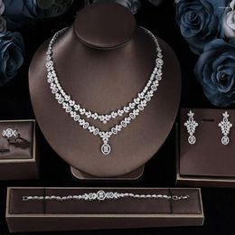 Necklace Earrings Set White CZ Zircon 2 Layers 4PCS Wedding Party Bridal Jewellery Women Brides Gift Accessories