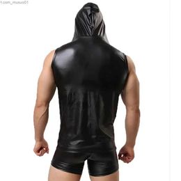 Men's Tank Tops Mens Undershirt Sexy Faux Leather Sleeveless T-Shirt Breathable Singletss Hooded Vest Top Tee Shirt Hoodie Dance CostumeL2402