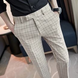 Spring Summer Mens Dress High Quality Men Clothing Men's English Style Plaid Midwaisted Casual Slim Fit Suit Pants 36