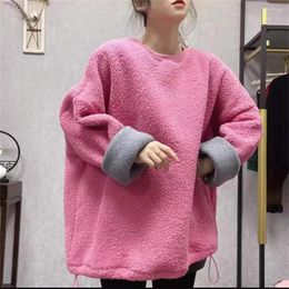 Women's Hoodies Lamb Wool Hoodie Jacket For Autumn Winter Korean Version Loose Versatile Plush And Thick Solid Round Neck Top