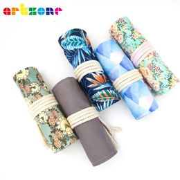 72 Holes Canvas Wrap Roll Up Pencil Bag Pen Case Holder Postoral Storage Pouch 240222