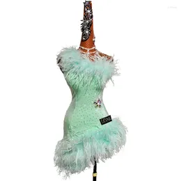 Stage Wear Latin Dance Customised Feather Dress High End All Diamond Sexy Women's Performance Rumba Chacha