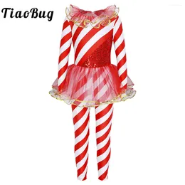 Stage Wear Kids Girls Candy Cane Christmas Costume Striped Sequin One Piece Xmas Holiday Santa Sweetie Bodysuit Jumpsuit Unitard Dancewear