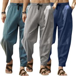 Pants Men Cotton Linen Pants Loose Casual Pants Soild Breathable Drawstring Joggers Linen Trousers Sport Gym Sweatpants Male Clothes