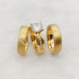 Cluster Rings His And Hers 24k Gold Plated Dubai Couples Wedding Jewellery Women Ladies 3pcs Bridal Sets Men's Stainless Steel