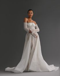 Luxury White Mermaid Wedding Dress 2024 O-Neck Beaded Pearls Long Sleeves Butterfly Floor Length Detachable Neck Bowtie shawl Three threading methods Bridal Gown