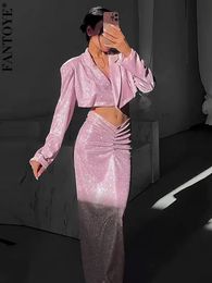 Fantoye Glitter Bright Silk Shiny Women Blazer Suit Notched Collar Pleated Skirt Female Autumn Fashion Two Piece Sets 240219