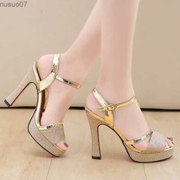 Sandals 2024 Women Korean Version Waterproof Platform Word Buckle 11.5CM High Heels Summer New Fish Mouth Sexy Sandals Ladies Shoes GoldL2402