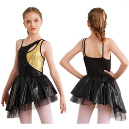 Stage Wear Kids Girls Figure Ice Skating Dress Tutu Ballet Jazz Cha-cha Dance Costume Sleeveless Shiny Sequins Gymnastics Leotard Dancewear