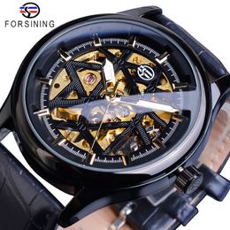 Forsining Black Golden Retro Luminous Hands Fashion Mens Mechanical Skeleton Leather Wrist Watches Top Brand Luxury Clock Montre213u