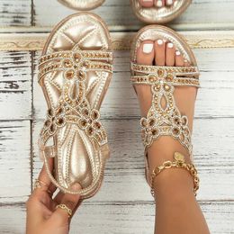 Sandals New Crystal Wedge Gladiator Sandals Womens Summer Elastic Band Toe Clip T-shaped Sandals Plus Size Anti slip Bohemian Beach Shoes Womens J240224