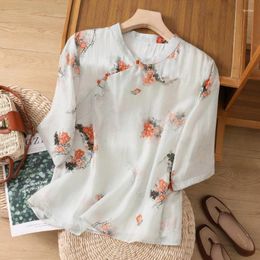 Women's Blouses Chinese Style Shirts Cotton Linen Vintage Summer 2024 O-neck Prints Clothing Loose Short Sleeves Tops