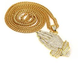 HIP HOP BLING Prayer Jesus Hand Necklace Gold Labmade Mens Iced Out Praying Hands Pendant Necklace with 30 inch Link Chain1458010