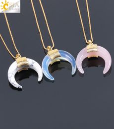 CSJA Natural Stone Crescent Half Moon Necklace Pendant with Chain Gold Color Wrapped for Women Rose Quartz Crystal DIY Jewelry F0634384895