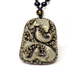 Beautiful hand made Natural gold obsidian carved handmade cute fish lucky pendant necklace beads necklaces5098456