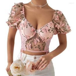 Women's Blouses Lace Up Tops Patchwork Mesh See Through Backless Crop Top For Summer Dropship