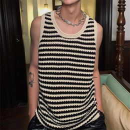 Men's Tank Tops Men Top Striped Print Knitted Vest For Breathable Sports Streetwear With Contrast Color Summer Loose Pullover
