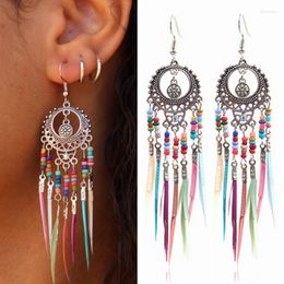 Dangle Earrings Bohemian Feather 2024 Ethnic Vintage Hollow Out Beads Rainbow Colorful Tassle For Women Jewelry