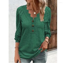 Women's Blouses 2024 Casual Summer Autumn Women Knit Blouse Shirt Hollow Lace Long Sleeves Button V-neck Elegant Solid Color Pullover Tops