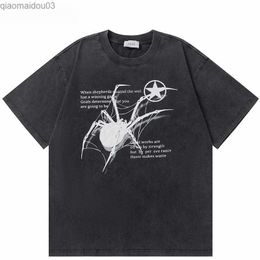 Men's T-Shirts Men T-Shirt Streetwear Hip Hop Oversized Y2k Washed Black Spider Graphic Harajuku Gothic Vintage Cotton Tops Tees Loose ClothesL2402