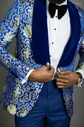 Men's Suits 2024 Fashion Men Gold Pattern And Royal Blue Groom Tuxedos Velvet Shawl Lapel Groomsmen Wedding Man ( Jacket Pants )