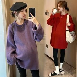 1045# Autumn Winter Dense Thick Warm Knitted Maternity Sweaters Oversize Loose Coats Clothes for Pregnant Women Pregnancy Tops 240219