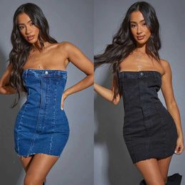 Basic Casual Dresses Womens shoulder denim button up dress single neckline sexy ultra-thin washing dress American style spring/summer new 2023 J240224