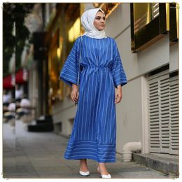 Ethnic Clothing Plain Striped Maxi Dress O Neck Flare Long Sleeve Middle East Dubai Muslim Casual Indie Folk Dresses Adjustable Waist