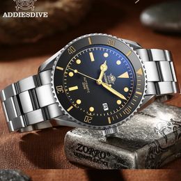 ADDIESDIVE Business Vintage Leather Wrist Watch Waterproof Automatic Mechanical Steel Watch Man European American Casual Watch 240220